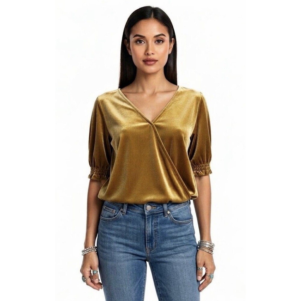 Madewell Egyptian Gold Velvet Smocked V-Neck Crossover Blouse Sz S Small EUC
